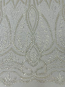 Beaded Pattern Fabric - Ivory - Embroidered Fancy Beads Pattern On Mesh Fabric Sold By Yard