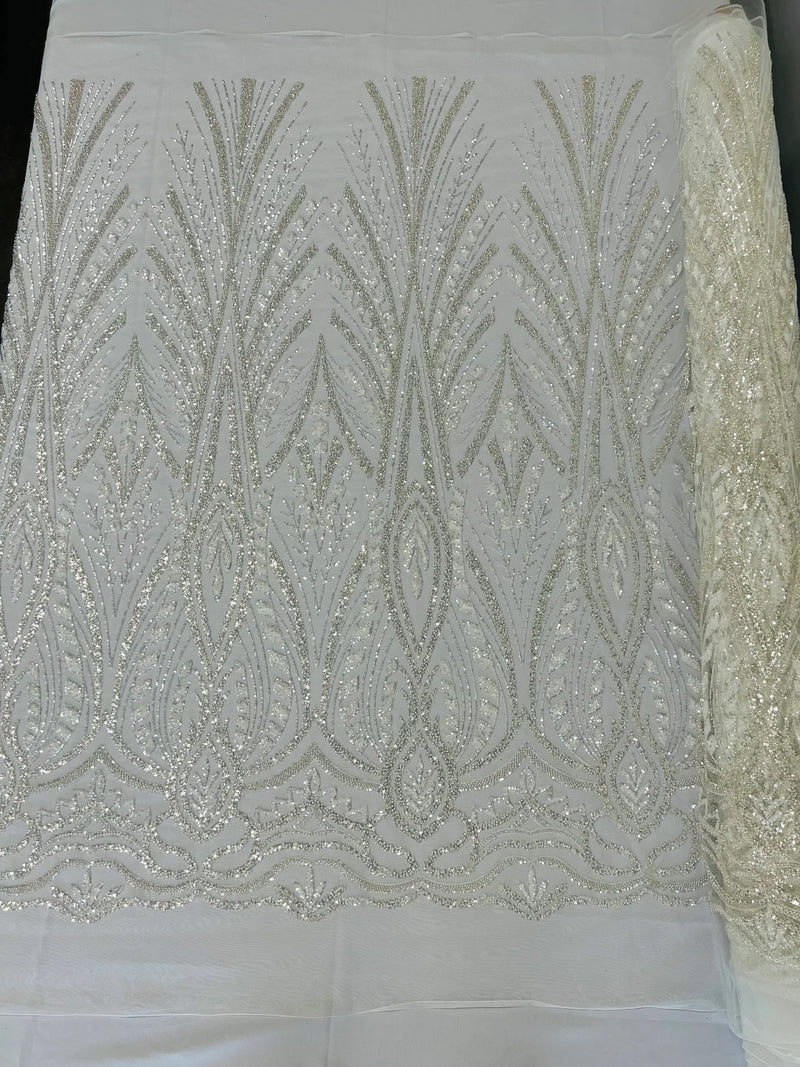 Beaded Pattern Fabric - Ivory - Embroidered Fancy Beads Pattern On Mesh Fabric Sold By Yard