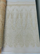 Heart & Feather Pattern Fabric - Clear - Embroidered Elegant Design with Beads Mesh Fabric Sold By Yard
