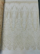 Heart & Feather Pattern Fabric - Clear - Embroidered Elegant Design with Beads Mesh Fabric Sold By Yard