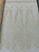 Heart & Feather Pattern Fabric - Clear - Embroidered Elegant Design with Beads Mesh Fabric Sold By Yard