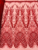 Heart & Feather Pattern Fabric - Red - Embroidered Elegant Design with Beads Mesh Fabric Sold By Yard