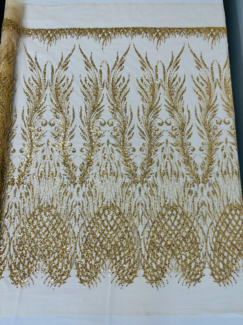 Heart & Feather Pattern Fabric - Gold - Embroidered Elegant Design with Beads Mesh Fabric Sold By Yard