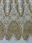 Heart & Feather Pattern Fabric - Gold - Embroidered Elegant Design with Beads Mesh Fabric Sold By Yard