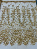 Heart & Feather Pattern Fabric - Gold - Embroidered Elegant Design with Beads Mesh Fabric Sold By Yard