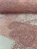 Heart & Feather Pattern Fabric - Pink - Embroidered Elegant Design with Beads Mesh Fabric Sold By Yard