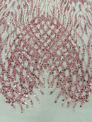 Heart & Feather Pattern Fabric - Pink - Embroidered Elegant Design with Beads Mesh Fabric Sold By Yard