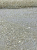 Heart & Feather Pattern Fabric - Ivory - Embroidered Elegant Design with Beads Mesh Fabric Sold By Yard