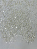 Heart & Feather Pattern Fabric - Ivory - Embroidered Elegant Design with Beads Mesh Fabric Sold By Yard