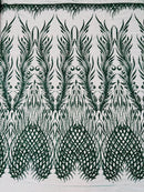 Heart & Feather Pattern Fabric - Hunter Green - Embroidered Elegant Design with Beads Mesh Fabric Sold By Yard