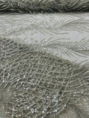 Heart & Feather Pattern Fabric - Silver - Embroidered Elegant Design with Beads Mesh Fabric Sold By Yard