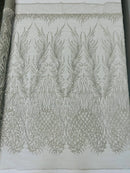 Heart & Feather Pattern Fabric - Silver - Embroidered Elegant Design with Beads Mesh Fabric Sold By Yard