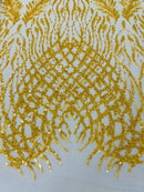 Heart & Feather Pattern Fabric - Dark Yellow - Embroidered Elegant Design with Beads Mesh Fabric Sold By Yard