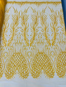 Heart & Feather Pattern Fabric - Dark Yellow - Embroidered Elegant Design with Beads Mesh Fabric Sold By Yard