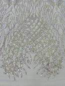 Heart & Feather Pattern Fabric - Lilac - Embroidered Elegant Design with Beads Mesh Fabric Sold By Yard