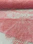 Heart & Feather Pattern Fabric - Candy - Embroidered Elegant Design with Beads Mesh Fabric Sold By Yard