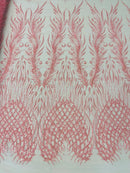 Heart & Feather Pattern Fabric - Candy - Embroidered Elegant Design with Beads Mesh Fabric Sold By Yard