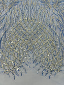 Heart & Feather Pattern Fabric - Royal Blue - Embroidered Elegant Design with Beads Mesh Fabric Sold By Yard