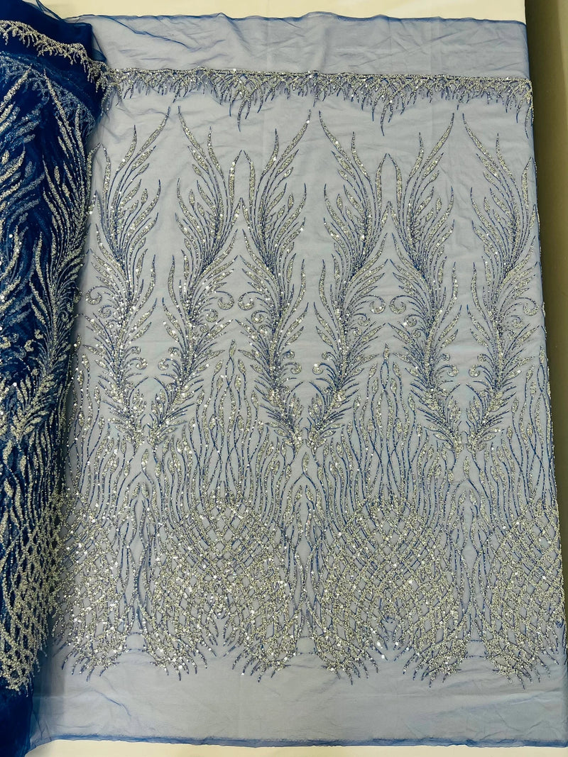 Heart & Feather Pattern Fabric - Royal Blue - Embroidered Elegant Design with Beads Mesh Fabric Sold By Yard