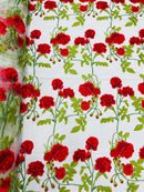 Rose Plant Lace Fabric - Red on White - Embroidered Full Rose Design on Lace By Yard
