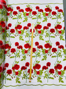 Rose Plant Lace Fabric - Red on White - Embroidered Full Rose Design on Lace By Yard