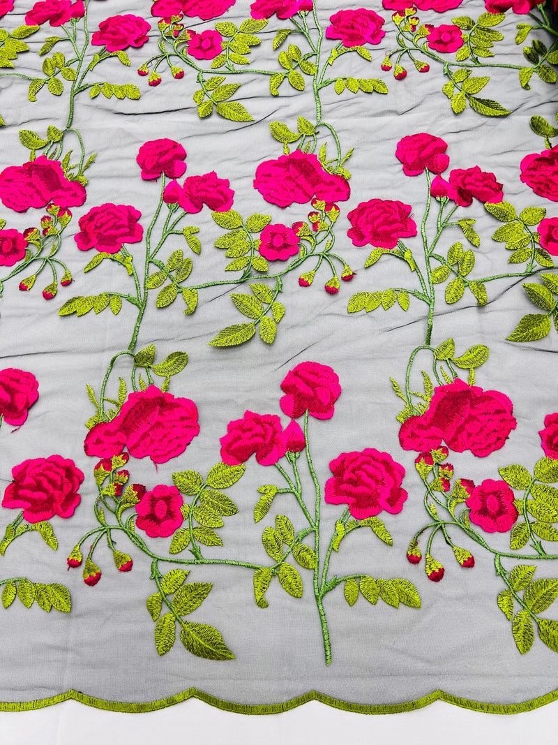 Rose Plant Lace Fabric - Fuchsia on White - Embroidered Full Rose Design on Lace By Yard