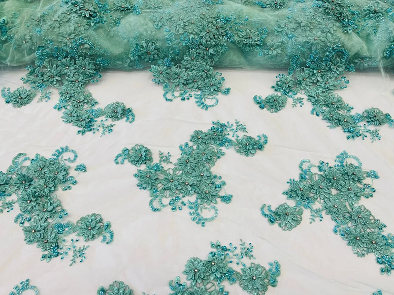 3D Flowers and Rhinestone - Mint - Elegant Realistic Flowers Embroidered On Lace Fabric By Yard