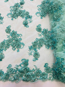 3D Flowers and Rhinestone - Mint - Elegant Realistic Flowers Embroidered On Lace Fabric By Yard