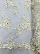 3D Flowers and Rhinestone - Ivory - Elegant Realistic Flowers Embroidered On Lace Fabric By Yard