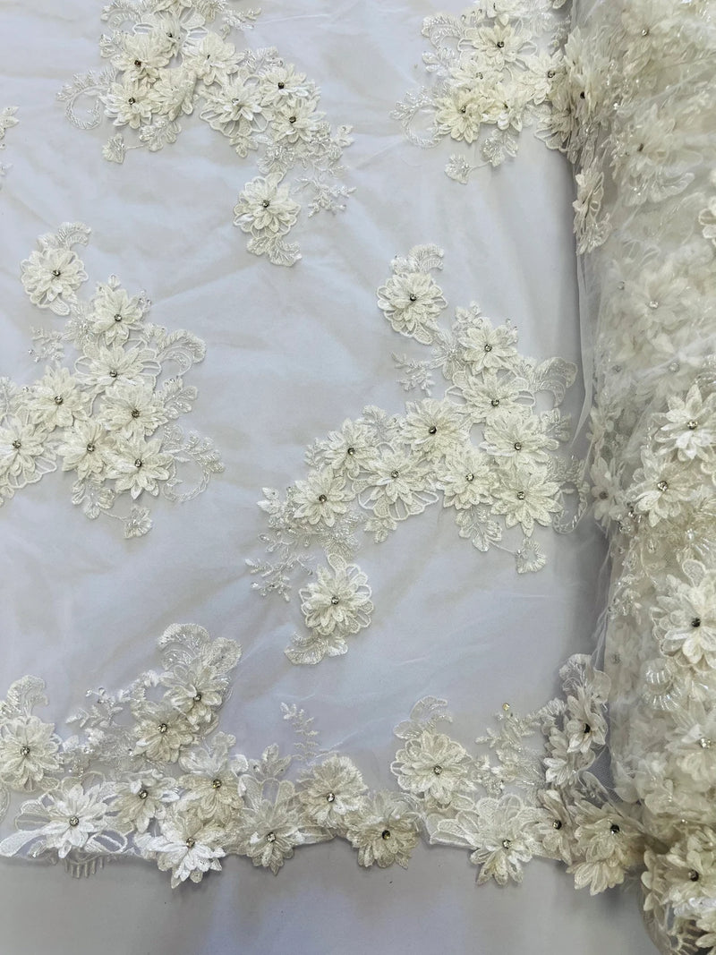3D Flowers and Rhinestone - Ivory - Elegant Realistic Flowers Embroidered On Lace Fabric By Yard