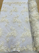 3D Flowers and Rhinestone - Ivory - Elegant Realistic Flowers Embroidered On Lace Fabric By Yard