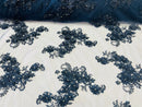 3D Flowers and Rhinestone - Navy Blue - Elegant Realistic Flowers Embroidered On Lace Fabric By Yard