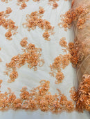 3D Flowers and Rhinestone - Peach - Elegant Realistic Flowers Embroidered On Lace Fabric By Yard