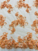 3D Flowers and Rhinestone - Peach - Elegant Realistic Flowers Embroidered On Lace Fabric By Yard