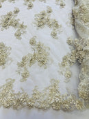 3D Flowers and Rhinestone - Light Silver - Elegant Realistic Flowers Embroidered On Lace Fabric By Yard