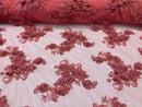 3D Flowers and Rhinestone - Coral - Elegant Realistic Flowers Embroidered On Lace Fabric By Yard