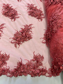 3D Floral Clusters with Rhinestone - Coral - Embroidered Flowers Beads On Lace Yard
