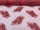 3D Floral Clusters with Rhinestone - Coral - Embroidered Flowers Beads On Lace Yard