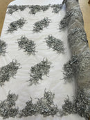 3D Floral Clusters with Rhinestone - Silver Embroidered Flowers Beads On Lace Yard