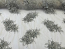 3D Floral Clusters with Rhinestone - Silver Embroidered Flowers Beads On Lace Yard