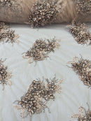 3D Floral Clusters with Rhinestone - Light Brown Black Thread Embroidered Flowers Beads On Lace Yard