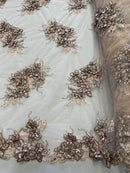3D Floral Clusters with Rhinestone - Light Brown Black Thread Embroidered Flowers Beads On Lace Yard
