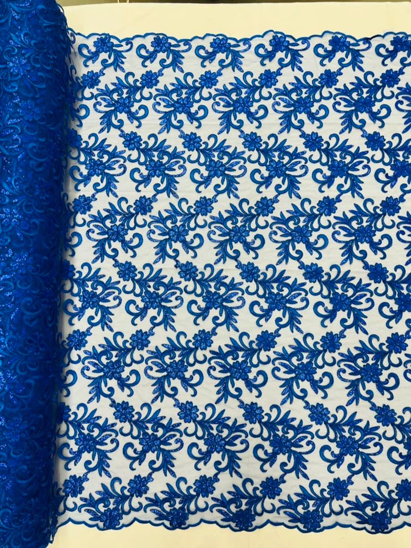 Small Flower Fabric - Royal Blue - Floral Plant Embroidered Design on Lace Mesh By Yard