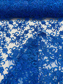 Small Flower Fabric - Royal Blue - Floral Plant Embroidered Design on Lace Mesh By Yard