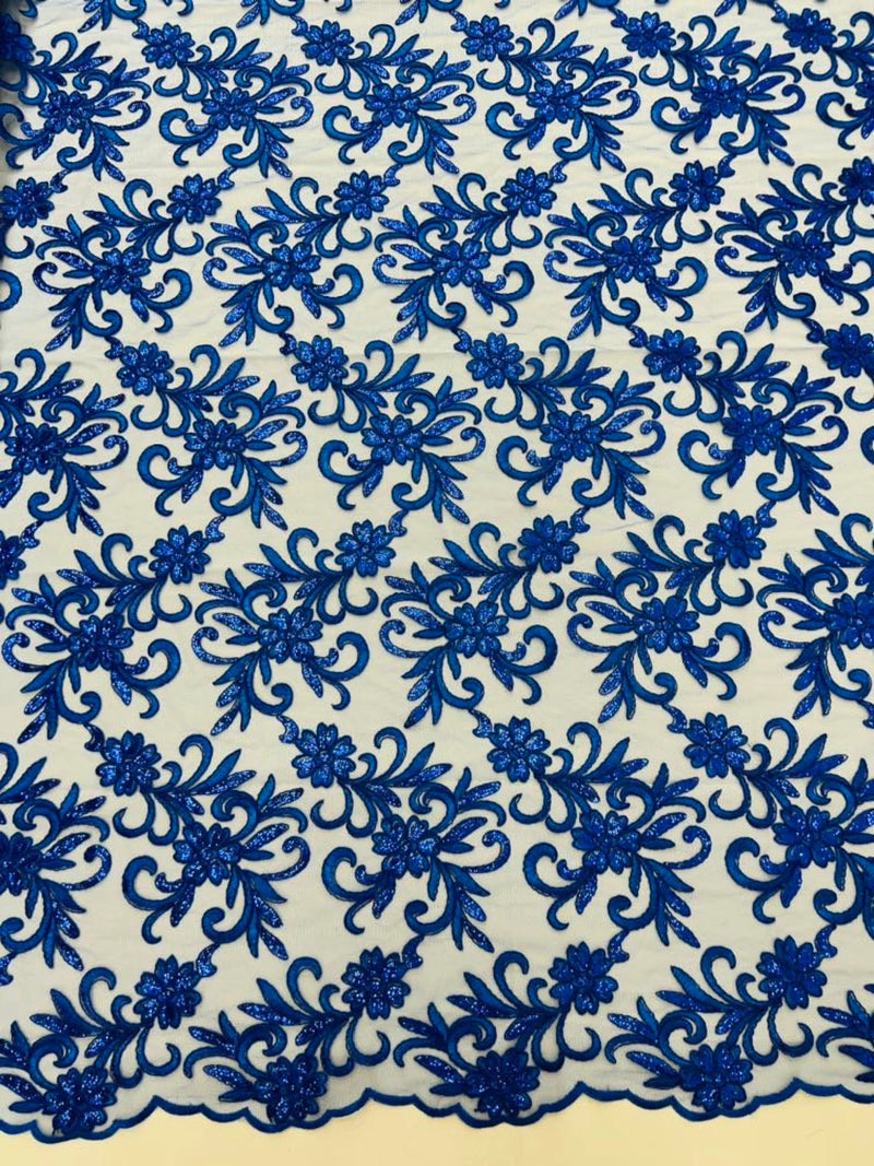 Small Flower Fabric - Royal Blue - Floral Plant Embroidered Design on Lace Mesh By Yard