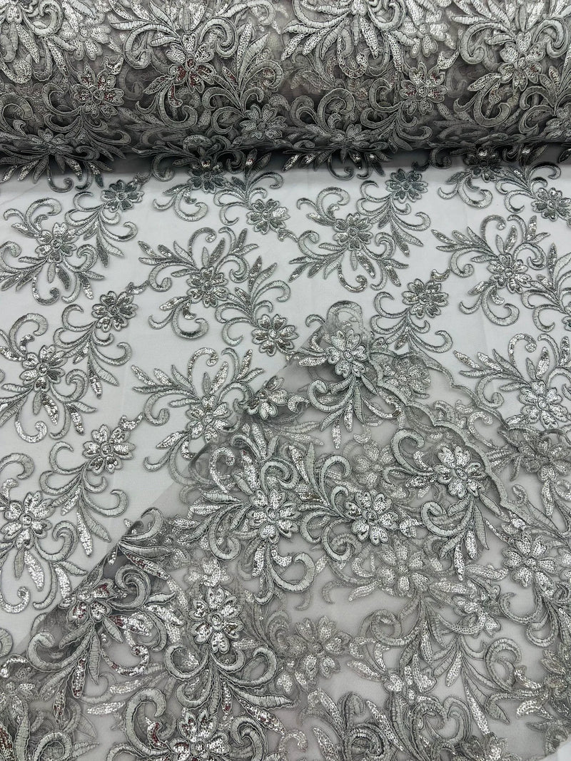 Small Flower Fabric - Silver - Floral Plant Embroidered Design on Lace Mesh By Yard
