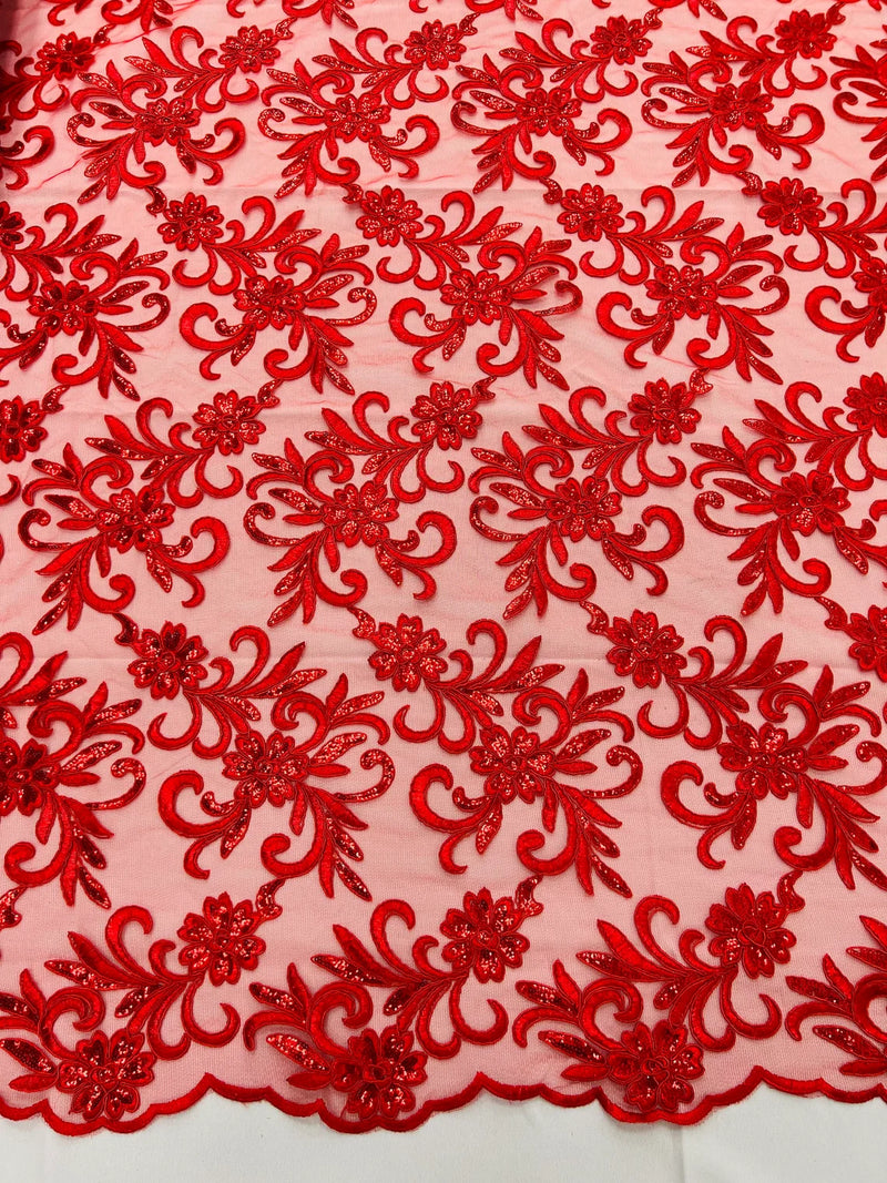 Small Flower Fabric - Red - Floral Plant Embroidered Design on Lace Mesh By Yard