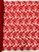 Small Flower Fabric - Red - Floral Plant Embroidered Design on Lace Mesh By Yard