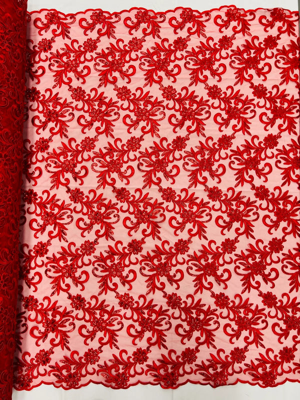 Small Flower Fabric - Red - Floral Plant Embroidered Design on Lace Mesh By Yard