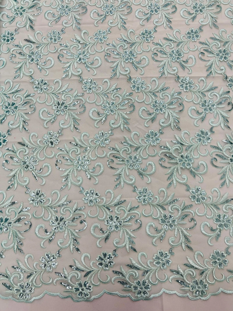 Small Flower Fabric - Mint - Floral Plant Embroidered Design on Lace Mesh By Yard